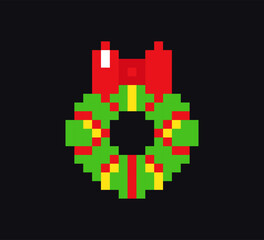 New Year wreath 8-bit icon, Christmas wreath pixel art item.