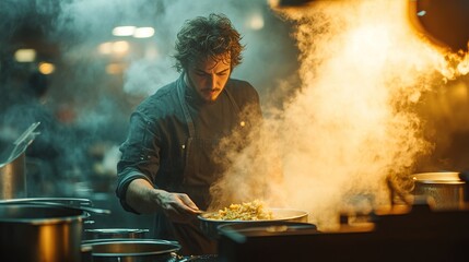 A chef skillfully prepares a dish in a bustling kitchen filled with steam and energy.