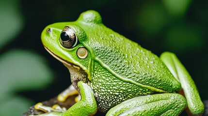 Obraz premium A close-up view of a vibrant green frog perched on a leaf, showcasing its unique texture and captivating features.