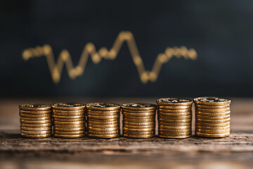 Golden coin stacks with fluctuating market graphs showcasing economic stability, cryptocurrency trading, and financial success