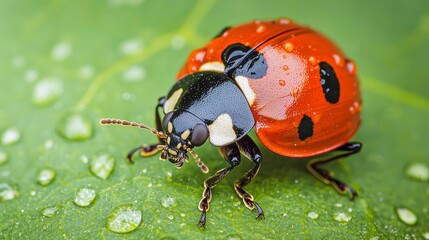 Naklejka premium Close-up image of a vibrant ladybug resting on a fresh green leaf with dew droplets, showcasing the beauty of nature's tiny creatures.