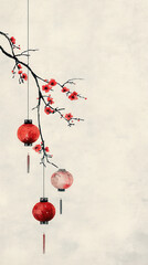 Red Lanterns Hanging from a Branch in Bloom