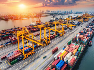 busy port with cranes unloading containers at sunset, vibrant colors enhance bustling atmosphere. skyline in background adds to industrial scene dynamic energy