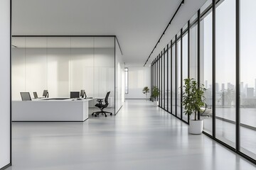 Fototapeta premium Modern Office Interior with Glass Walls and City View