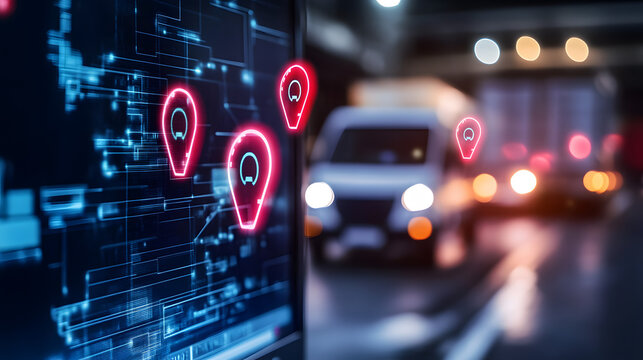 close up of logistics tracking system on screen, with glowing location markers and blurred delivery trucks in background, illustrating modern transportation technology - Powered by Adobe