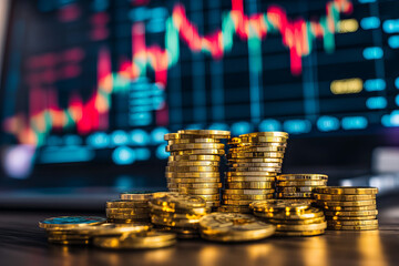Golden coins stacked with financial growth chart in the background, symbolizing wealth, investment, cryptocurrency, and economic trends