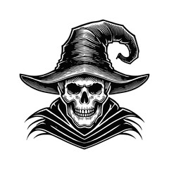 Fototapeta premium skull sorcerer hat engraving black and white outline