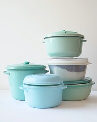 Vintage pastel blue Tupperware filled with leftover Christmas pudding, stacked containers, clean white backdrop