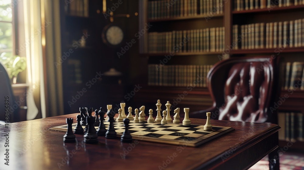 Poster Chessboard and pieces set up on an antique table in a serene library, A tranquil indoor library with chess game setup, Intellectual game style