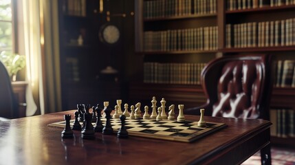 Chessboard and pieces set up on an antique table in a serene library, A tranquil indoor library with chess game setup, Intellectual game style
