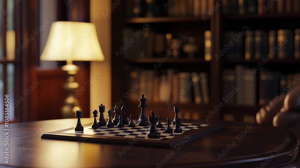 Poster Chessboard and pieces set up on an antique table in a serene library, A tranquil indoor library with chess game setup, Intellectual game style