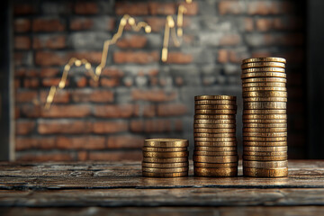 Golden coins stacked with financial growth chart in the background, symbolizing wealth, investment, cryptocurrency, and economic trends