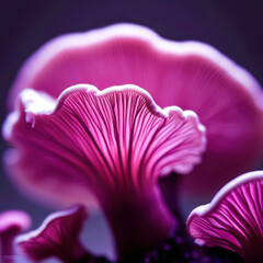 A close up of a pink mushroom with a white stem