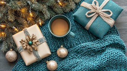 Fototapeta premium A cozy holiday scene featuring gifts, a warm drink, and festive decorations, all set on a textured knit blanket.
