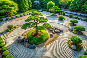Aerial View of a Serene Zen Garden Featuring a Bonsai Tree and Stepping Stones for Tranquil Outdoor Spaces, Nature Therapy, Meditation, and Relaxation Inspirations