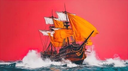 Obraz premium Epic Maritime Adventure: Detailed Illustration of a Historic Wooden Sailing Ship with Billowing Sails - Perfect for Sports Interior Posters and Nautical Decor Enthusiasts!