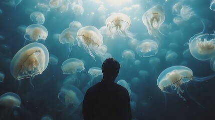 Fototapeta premium Graceful Jellyfish Drifting in Aquarium Under Radiant Sunlit Glow picture