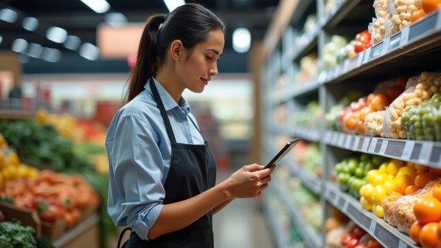 A grocery store employee stands in the produce aisle, using a smartphone to check inventory. She is dressed in a simple uniform and focuses on her task among vibrant fruits and vegetables