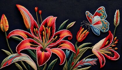 EMBROIDERY ART Red Lily and The Butterfly Handmade Craft Background