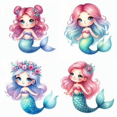 Obraz premium Cute cartoon mermaid set on white background. AI