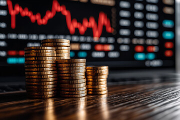 Golden coins stacked with financial growth chart in the background, symbolizing wealth, investment, cryptocurrency, and economic trends