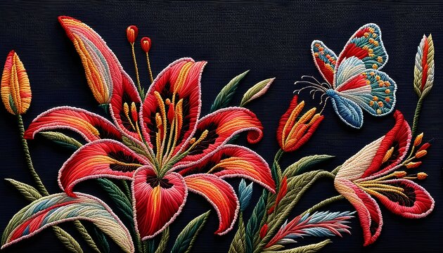 EMBROIDERY ART Red Lily and The Butterfly Handmade Craft Background