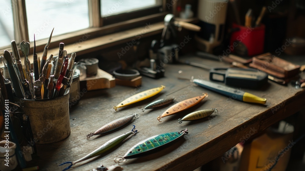 Poster fishing lure-making tools and materials arranged on a rustic table in a lakeside cabin, a serene lak