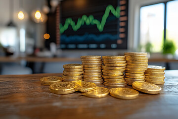 Golden coins stacked with financial growth chart in the background, symbolizing wealth, investment, cryptocurrency, and economic trends