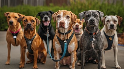 A group of dogs are standing in a line, with some wearing harnesses