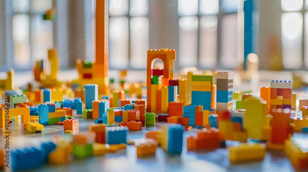 Poster Intricate block-building setup with scattered pieces, Immersive workspace filled with colorful building blocks, Modern creative style