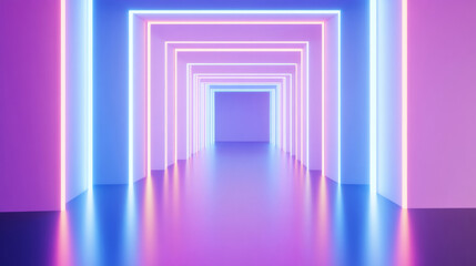 3D abstract neon light trail technology virtual reality corridor room background. cyberpunk futuristic fashion vibrant line and shape geometric blue purple glow glossy striking wallpaper 