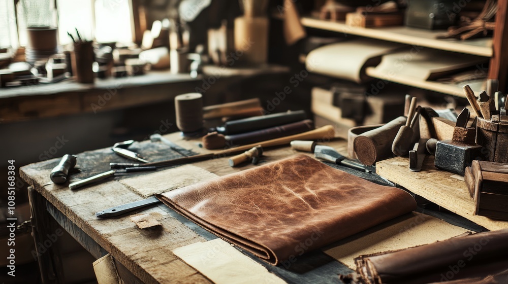 Aufkleber Leatherworking tools and materials arranged on a worktable in a rustic workshop, A cozy workshop with leathercraft equipment, Artistic craft style