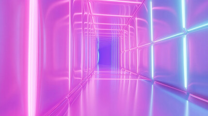 Naklejka premium 3D abstract neon light trail technology virtual reality corridor tunnel background. cyberpunk futuristic fashion vibrant line and shape geometric blue purple glow glossy club bar concert wallpaper