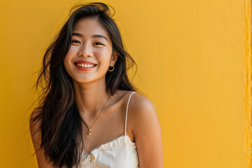 A woman with long hair is smiling and wearing a necklace