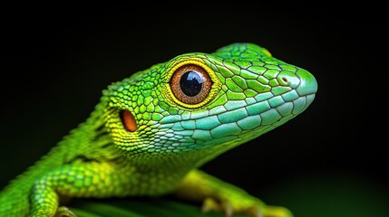 Fototapeta premium A close-up of a vibrant green lizard displaying intricate scales and a striking eye.