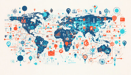 A world map displays a network of interconnected icons symbolizing global business, technology, and communication