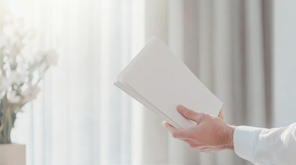 businessman holding portfolio with blank pages in bright room