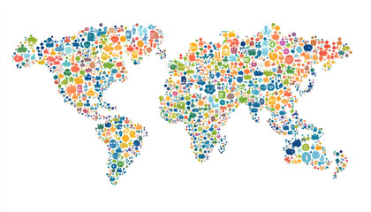 Fototapeta premium A world map is formed from a multitude of tiny, diverse symbols representing global communication and activity