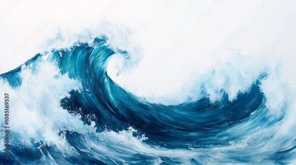 Poster a painting of a large wave crashing on a white background