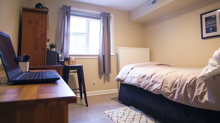 Cozy basement apartment with small window, comfortable bed, and simple wooden desk featuring a laptop. Minimalist decor highlights simplicity and functionality in a warm, inviting space.
