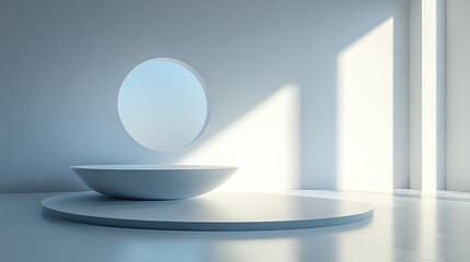 A minimalist interior featuring a circular structure and soft light.