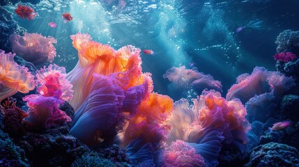 A glowing underwater world where abstract waves of light flow through coral reefs and marine plants. The vibrant shapes blend with the natural beauty of the ocean. A mesmerizing aquatic dreamscape 