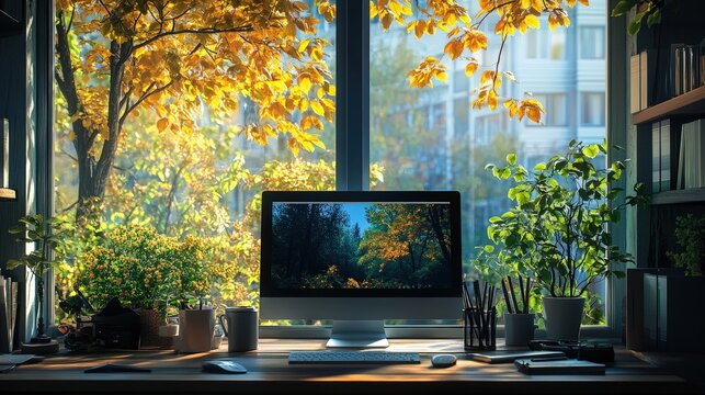 A cozy workspace with a modern computer, surrounded by vibrant plants and autumn scenery outside the window.