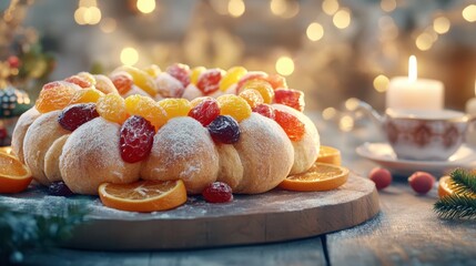 Traditional Rosca de Reyes, or Three Kings Cake, topped with colorful candied fruit and sprinkles, celebrating Epiphany with vibrant decoration and sweet flavors.
