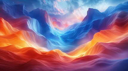 Gradient waves of glowing orange and blue flow through a canyon under a twilight sky. The abstract motion contrasts with the rugged beauty of the rock formations. A breathtaking blend of natural 