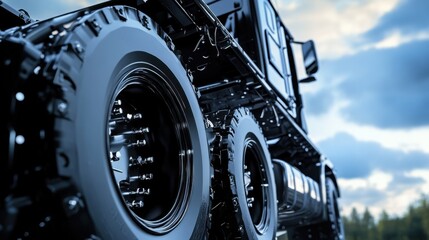 Fototapeta premium Detailed truck frame with engine bay visible, highlighting metal framework and robust industrial design