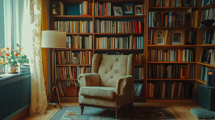 Cozy Reading Nook with Bookshelves and Armchair - Interior Design Photography