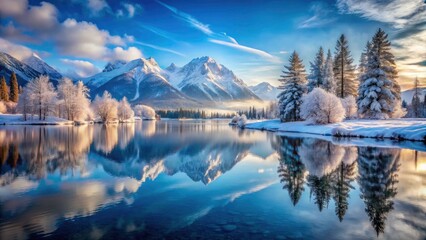Obraz premium Serene Winter Landscape with Snow-Capped Mountains and Tranquil Lake Reflection