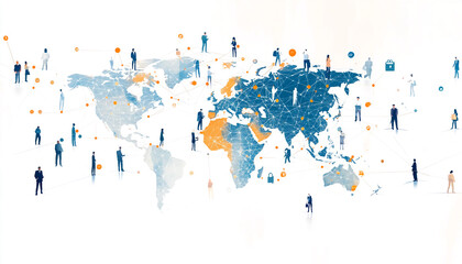 Fototapeta premium An abstract illustration shows a world map with small figures of people positioned across continents, symbolizing global connections and collaboration in a professional setting