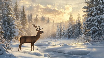 Majestic deer standing in snowy landscape winter wonderland nature photography serene environment natural beauty concept